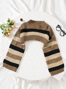 SHEIN Tween Girls Brown Color Stripe Pattern Drop Shoulder Super Crop Y2K Grunge Sweater, Suitable For Daily Wear, Casual Occasion,In Fall/Winter