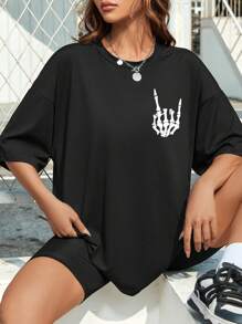 SHEIN EZwear 标语图案落肩 T 恤 ON MY HUSBANDS LAST NERVE - 黑色 - 查看 2