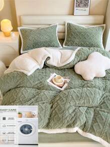Juego de 3 piezas de edredón y funda de almohada de tafetán verde y lana de cordero, juego de ropa de cama multifuncional con 1 edredón y 2 fundas de almohada, lavable a máquina - Verde - Ver 4