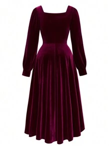 SHEIN Clasi Vestido de manga larga elegante con cuello de terciopelo y adornado con perlas para mujeres talla grande, outfit de invierno color burdeos para mujeres
