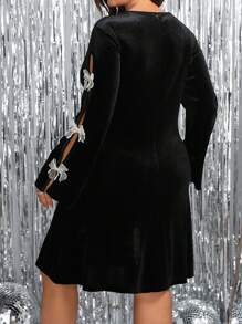 SHEIN Clasi Plus Size Women Elegant Bowknot Decor Color-Blocking Split Sleeve Velvet Dress, Autumn Collection Fall Cloth For Women - Black - View 2