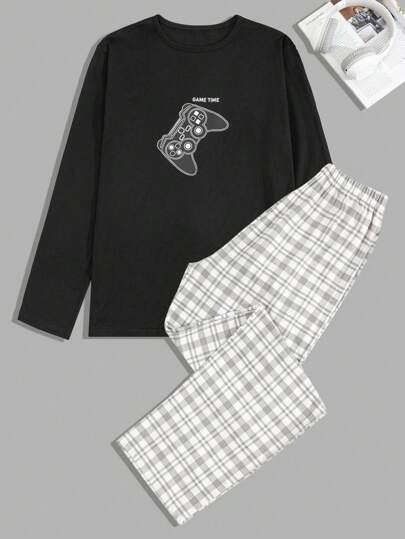 RueChic Men's Comfortable Casual Printed Long Sleeve T-Shirt And Plaid Long Pants Pajama Set