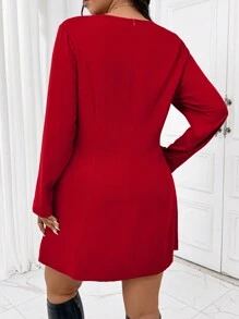 SHEIN Frenchy Váy chữ A cỡ lớn thanh lịch, tối giản, thắt lưng kim loại màu đỏ, phù hợp mặc đi làm, đi chơi, dự tiệc, tụ tập, năm mới, giáng sinh - Đỏ - Xem 2