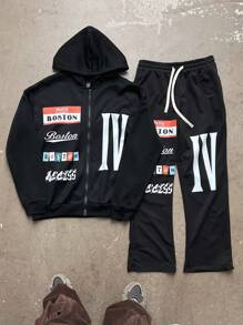 Manfinity EMRG 2 Pieces Knitted Casual Suit, Cardigan Zipper Hoodie & Elastic Waist Flared Pants, Young Street Wear - Black - View 1