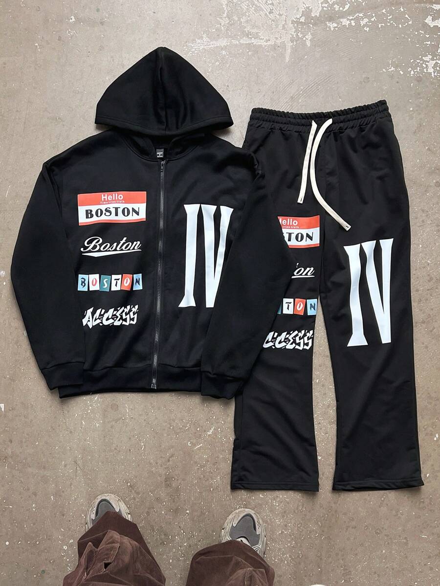 Manfinity EMRG 2 Pieces Knitted Casual Suit, Cardigan Zipper Hoodie & Elastic Waist Flared Pants, Young Street Wear - Black - View 1