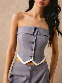 Poéselle Women's Contrast Color Single-Breasted Top And Pants 2 Pieces Casual Set, Everyday Wear, Fashionable For Daily Wear, Daily Wear, Suitable For Daily, Street, Commuting, Dating, Party And Other Occasions To Wear