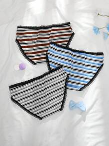 3pcs Comfy Casual Daily Striped Colorful Triangle Panties With Lace Trim, Teens Girls Underwear - Multicolor - View 2