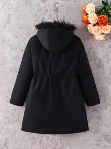 Tween Girl Woven Loose Pocket Hooded Fluffy Cinched Waist Colour Block Winter Casual School Back-To-School Fashion Black Parka Coat For Autumn/Winter - Black - View 2