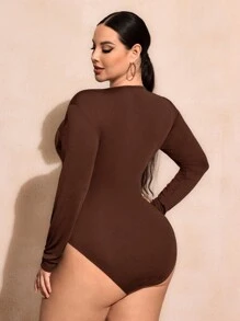 SHEIN SXY 大码女式方领长袖纯色休闲 T 恤紧身衣，秋季 - 巧克力棕 - 查看 2