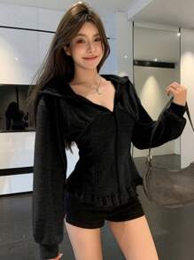 DAZY 女式蕾丝拼布长袖拉链休闲连帽运动衫，秋季服装夹克 - 黑色 - 查看 5