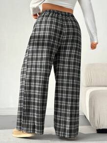 SHEIN EZwear Plus Size Cotton Drawstring Vintage Plaid Pants, Autumn & Winter