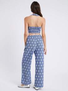 Comfortcana Women's Blue & White Plaid Daisy Embroidered Print Halter Tank Top And Relaxed Casual Pants Set In Fall/Winter