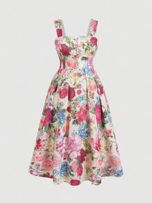SHEIN MOD Plus Size Retro Floral Print Dress, With Wide Strap And Flowy Hem, For Summer,Beach Dress Sundress,Holiday Outfits Boho,Corset Dress For Women