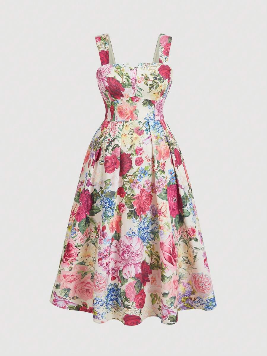 SHEIN MOD Plus Size Retro Floral Print Dress, With Wide Strap And Flowy Hem, For Summer,Beach Dress Sundress,Holiday Outfits Boho,Corset Dress For Women