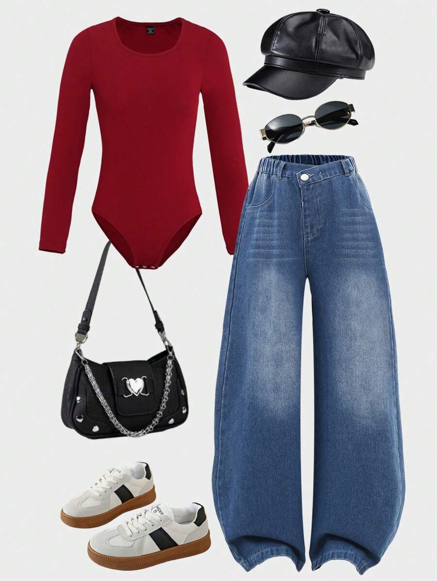 SHEIN Dopasowany kombinezon dla nastolatek i luźne asymetryczne jeansy z szerokimi nogawkami, modny uniwersalny design do codziennego noszenia