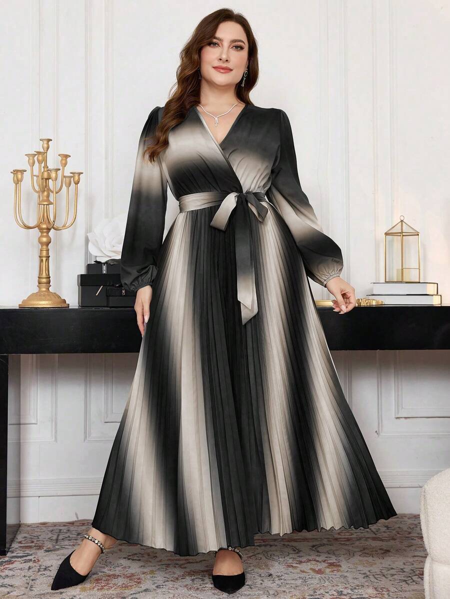 Modelyn Elegant Criss Cross V-Neck Printed Plus Size Dress Maxi Women Outfit Long Evening Dresses Fall Cloth For Women