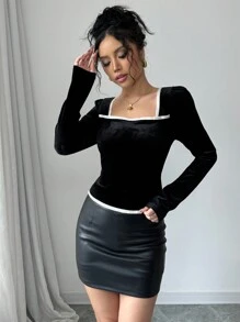 SHEIN Unity 秋季优雅天鹅绒拼色镶边方领系带袖口长袖衬衫 - 黑色 - 查看 5