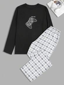 EURMUSE 男士舒适休闲印花长袖 T 恤和格子裤睡衣套装 - 黑色 - 查看 1