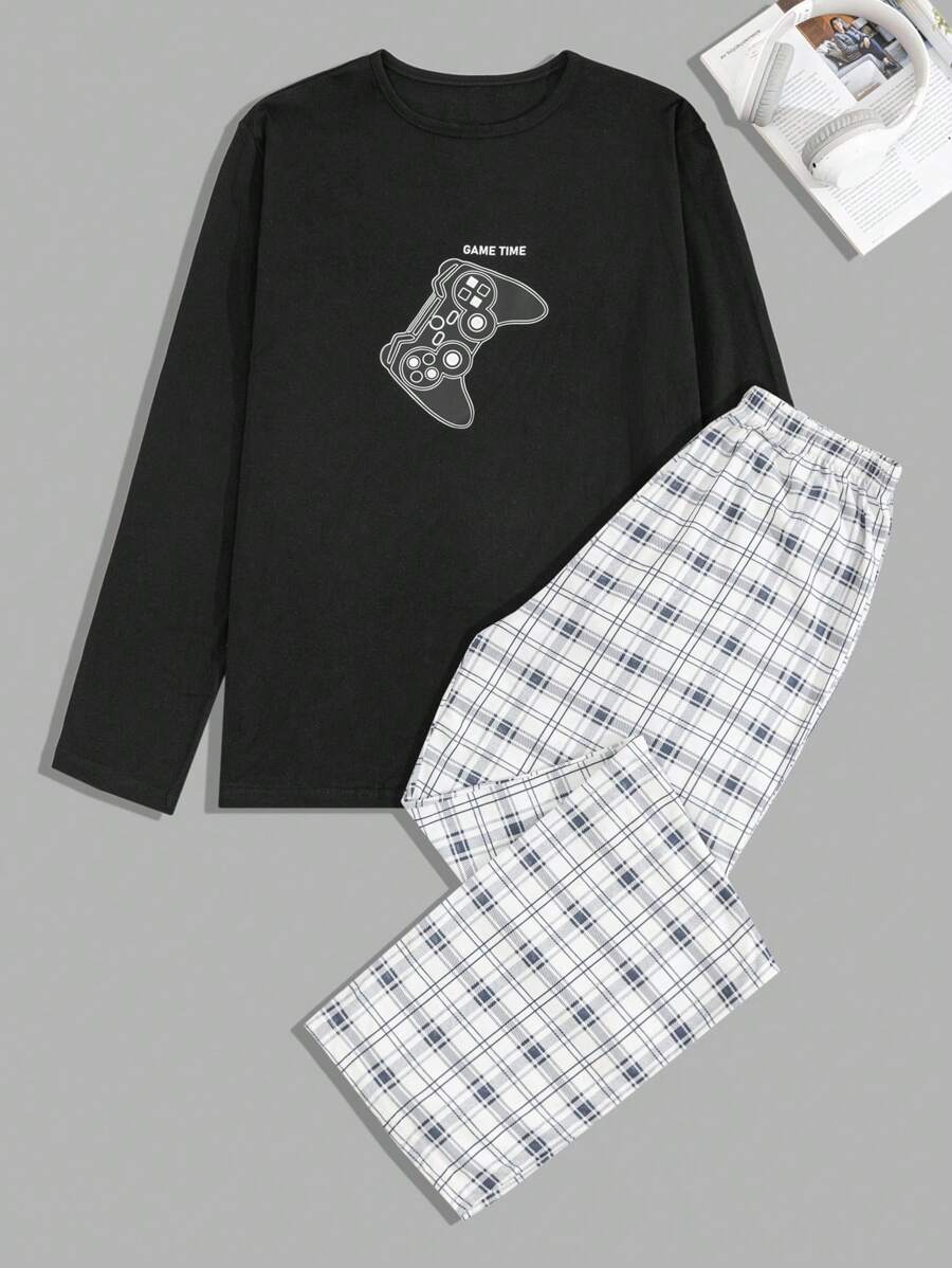 EURMUSE 男士舒适休闲印花长袖 T 恤和格子裤睡衣套装 - 黑色 - 查看 1