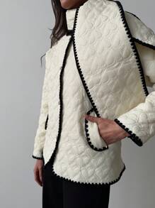 Aloruh Nueva chaqueta gruesa de color block con cuello de bufanda, bolsillos, para esquiar, pasear o salir, en diseño sencillo y liso - Beis - Ver 5