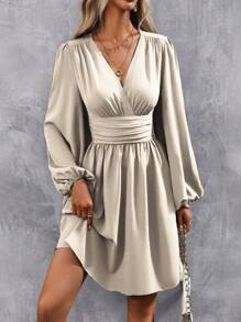 SHEIN Clasi Solid Lantern Sleeve A-line Dress - Apricot - View 4