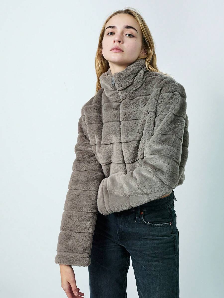 TRNVIE 1 件女士时尚蓬松领前拉链短夹克，百搭简约设计，灰棕色，秋冬 - 深灰色 - 查看 1