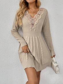 SHEIN LUNE Váy len dệt kim ren dáng rộng thoải mái mới, phong cách châu Âu và Mỹ, đồ dệt kim thời trang cho mùa thu/đông - Màu Khaki - Xem 1