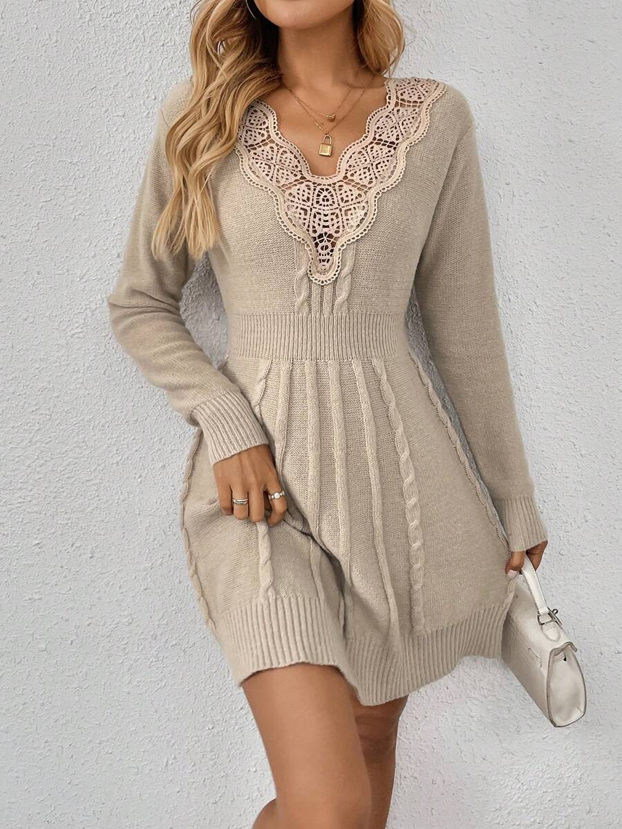 SHEIN LUNE Váy len dệt kim ren dáng rộng thoải mái mới, phong cách châu Âu và Mỹ, đồ dệt kim thời trang cho mùa thu/đông - Màu Khaki - Xem 1