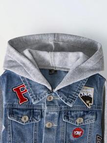 Young Boy Streetwear Casual College Style Planet Embroidered Personalized Splice Quilted Hooded Dark Blue Denim Jacket - Medium Wash - View 4