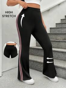 SHEIN EZwear Plus Size Solid Color Patchwork High Waist Casual Long Pants For Everyday Wear - Black - View 1