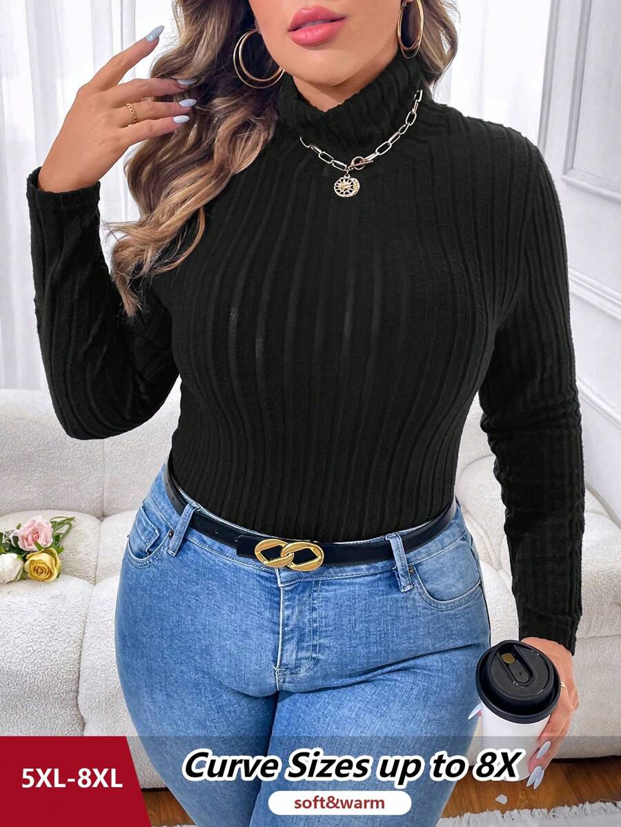 SHEIN CURVE+ Plus Size Women Solid Turtleneck Long Sleeve Bodysuit - Black - View 1