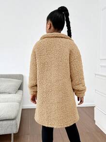 SHEIN Áo len cardigan midi lót nhiệt ấm áp cho bé gái tuổi mới lớn, cổ bẻ cài nút, thu/đông - Màu be - Xem 2