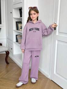 SHEIN Leap Crew 青少年女孩宽松舒适柔软连帽衫和裤子 2 件套