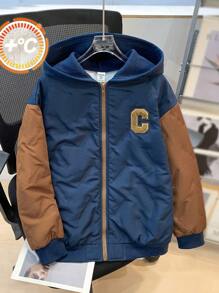 SHEIN 儿童/青少年男童休闲学院风拼接撞色连帽加厚绗缝保暖冬装外套，适合上学、花园、海滩、生日等各种场合，四季皆宜。 - 彩色 - 查看 3