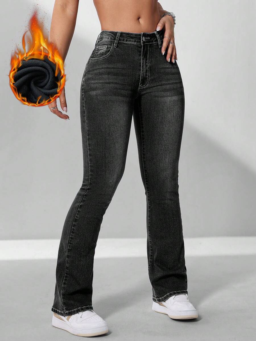 Slant Pocket Flare Leg Jeans - Black - View 1