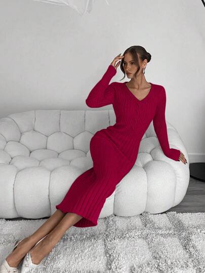Roylia Elegant Twist Decor Fitted Solid V-Neck Long Sleeve Sweater Dress Fall Cloth For Women