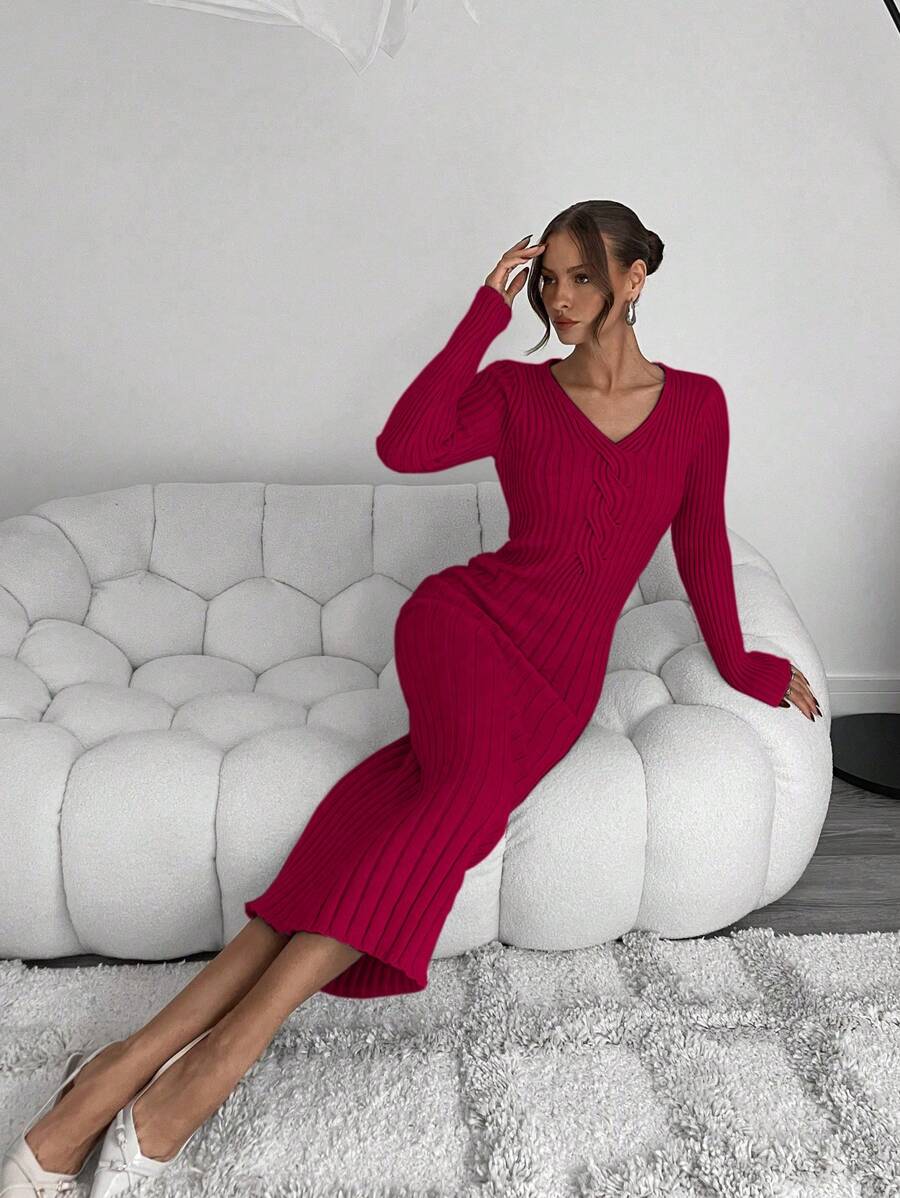 Roylia Elegant Twist Decor Fitted Solid V-Neck Long Sleeve Sweater Dress Fall Cloth For Women