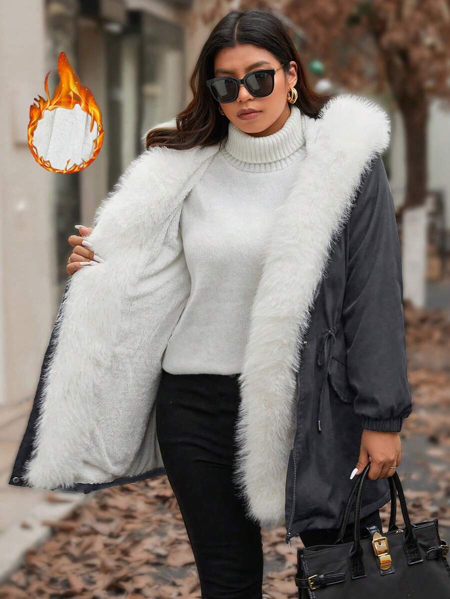Calvaya Plus Size Plush Patchwork Casual Long Sleeve Drawstring Fleece Padded Padded Coat Clothes Winter - Dark Grey - View 1