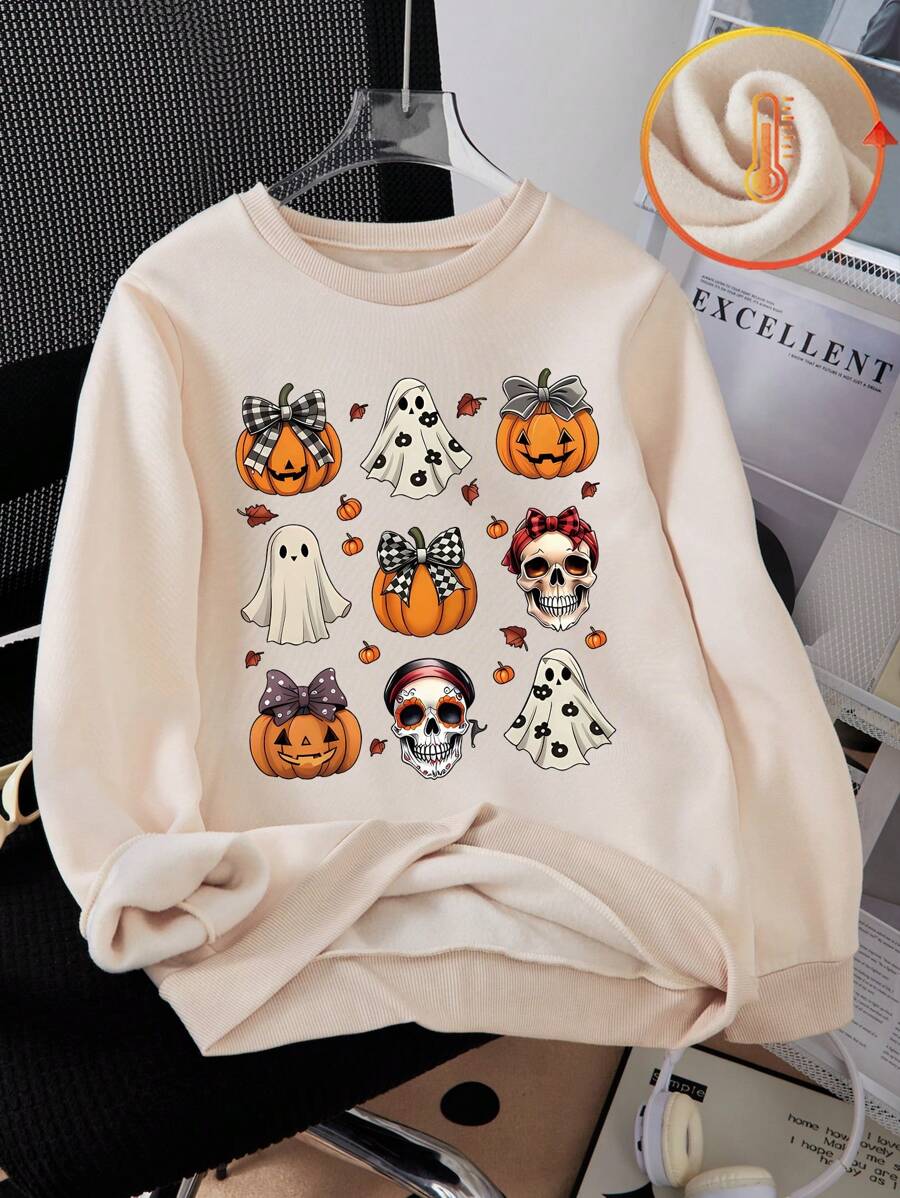 Girls Casual Pumpkin Printed Round Neck Long Sleeve Sweatshirt - Apricot - View 1