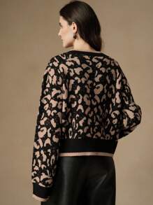 Anewsta Áo len cardigan dệt kim cổ tròn tay dài họa tiết da báo thắt nơ, thanh lịch cho năm mới dành cho nữ - màu đen - Xem 2