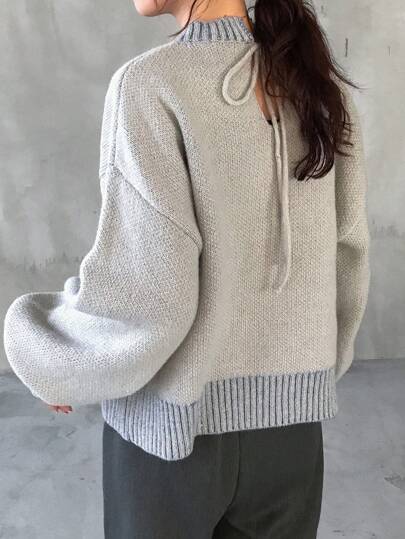 FRIFUL 女士撞色蝴蝶结套头宽松针织毛衣，秋季服装