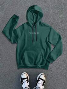 Manfinity Roghcode Men's Slogan Print Long Sleeve Hooded Sweatshirt With Pockets And Drawstring, Casual Pullover For Autumn Winter - Dark Green - View 2
