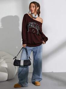 Flirla 1 pieza Sudadera casual con hombros descubiertos con letras en inglés de estilo elegante