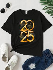 SHEIN 1 pieza Camiseta de cuello redondo con gráfico de texto de bendición del Año Nuevo Lunar, talla grande, informal, para niñas, regalo de Año Nuevo