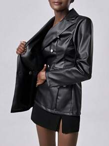 Chiquease Women Double-Breasted PU Leather Long Sleeve Blazer - Black - View 6