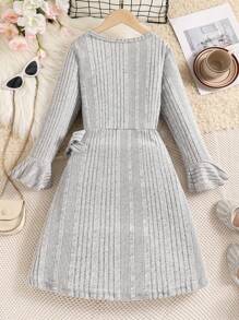 Flare Sleeve Knit Round Neck Tie-Up Dress, Tween Girl Long Sleeve New Autumn Dress