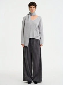 Aalyst Women's Casual Grey V-Neck Long Sleeve Loose Fit Sweater With Contrast Trim Scarf Knit Pullover Fall Winter - Grey - View 1