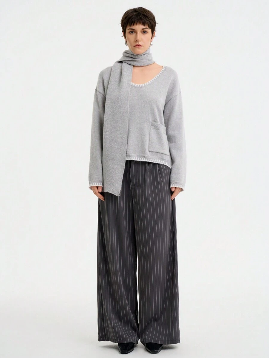 Aalyst Women's Casual Grey V-Neck Long Sleeve Loose Fit Sweater With Contrast Trim Scarf Knit Pullover Fall Winter - Grey - View 1