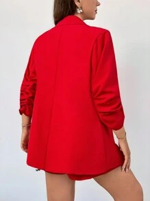 SHEIN Privé Plus Size Women Burgundy Mid-Length Formal Blazer And Shorts Suit, Elegant In Spring - Red - View 2