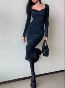 INAWLY Vestido ajustado con adorno de encaje y estampado floral, estilo europeo